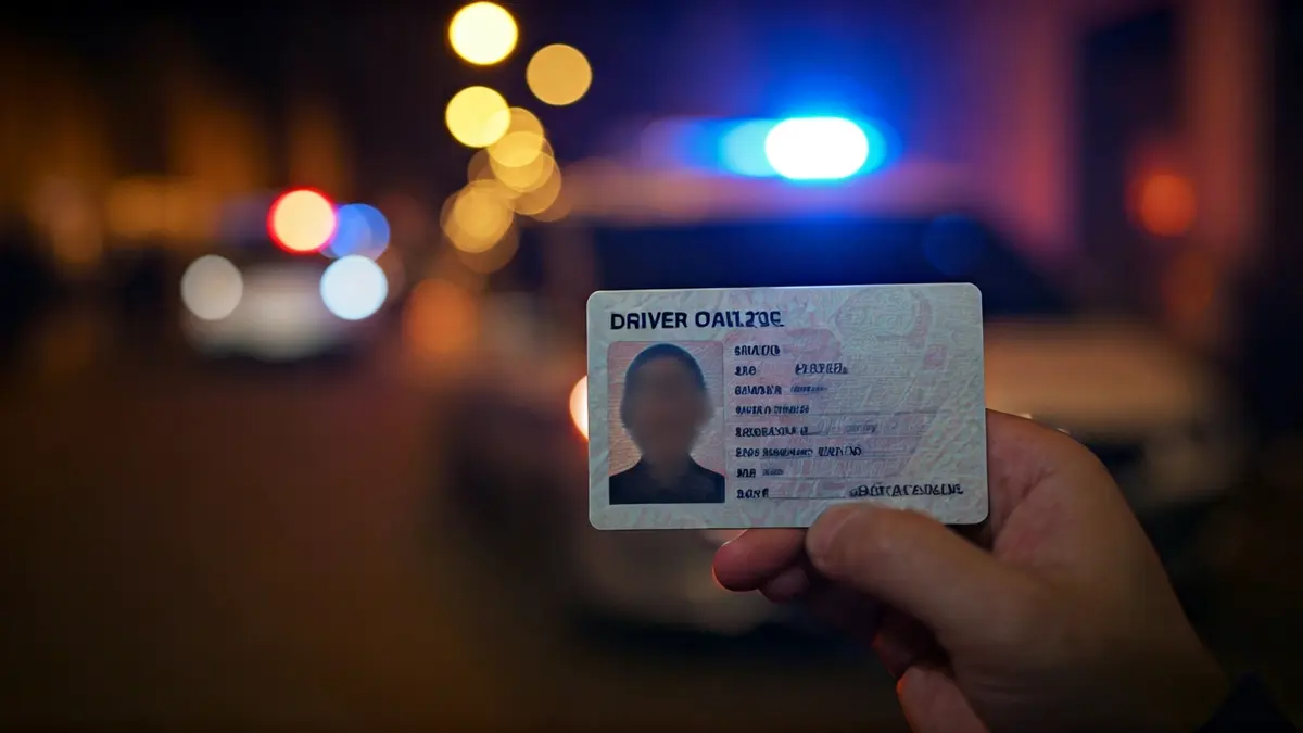 Image of a driver's license with police lights reflected.