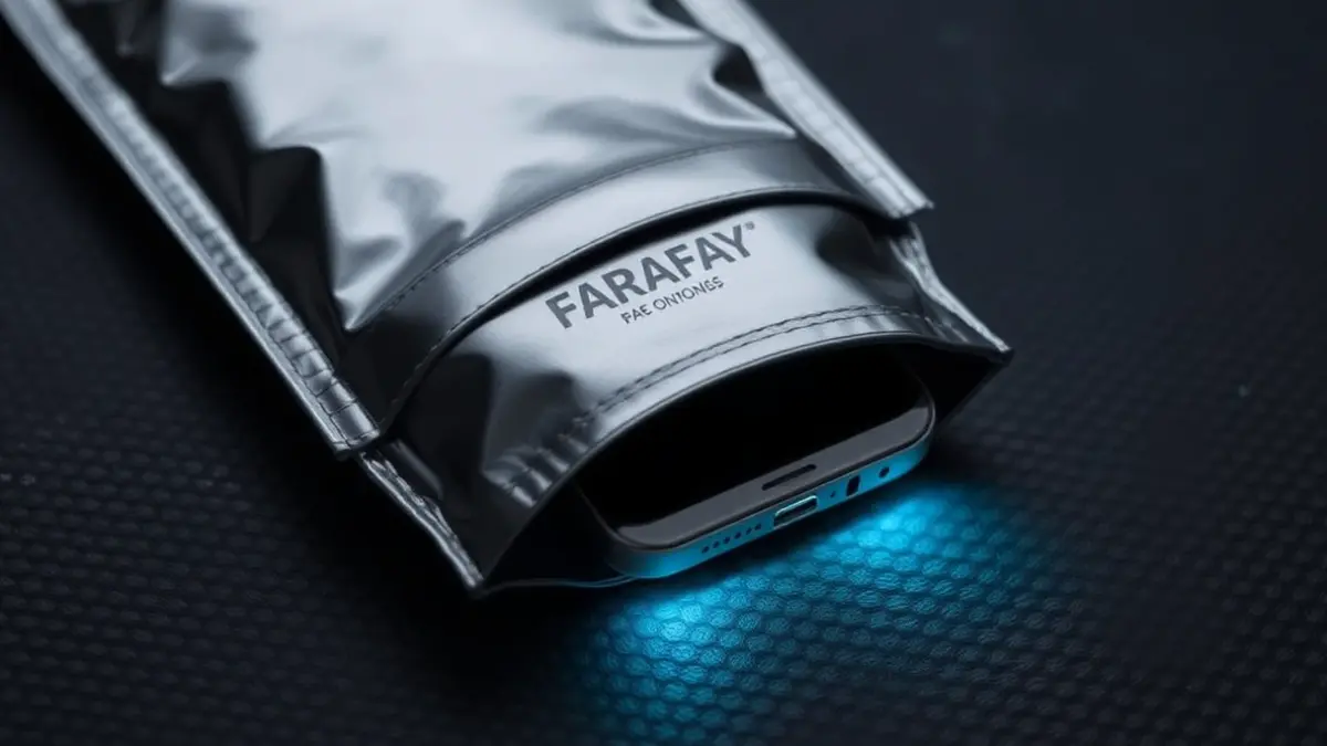 Imagen genérica de una funda Faraday con un teléfono móvil dentro, bloqueando señales.