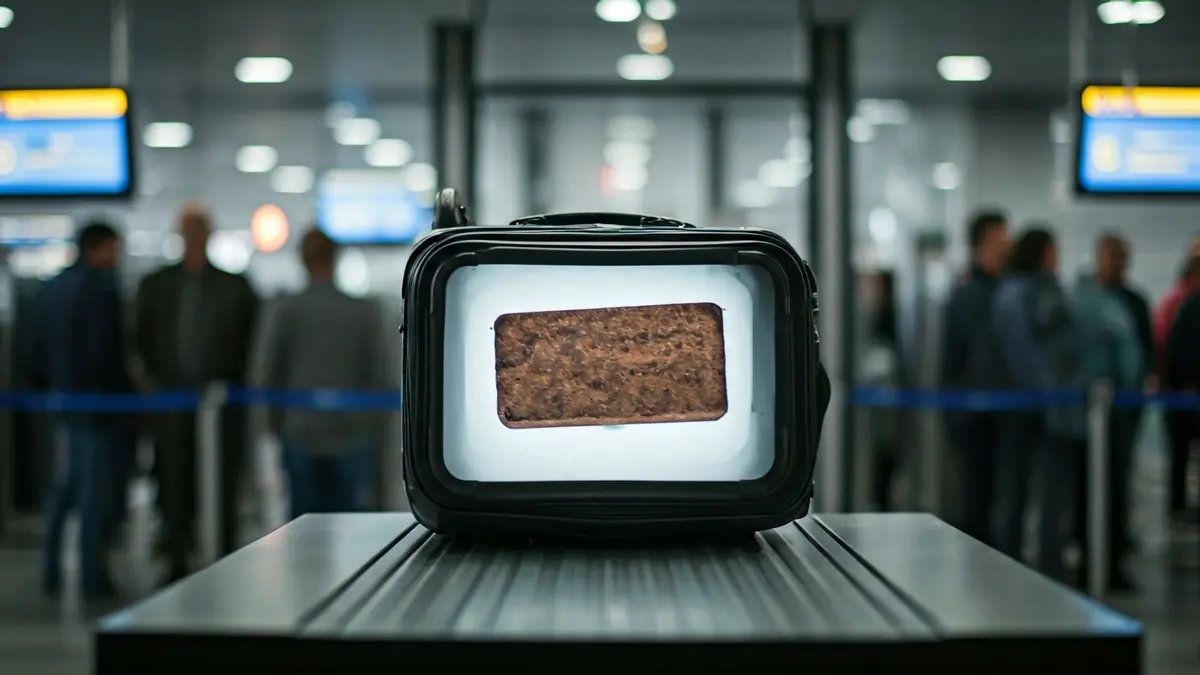 Imagen de una maleta siendo escaneada por una máquina de rayos X en un aeropuerto, revelando un objeto denso en su interior.
