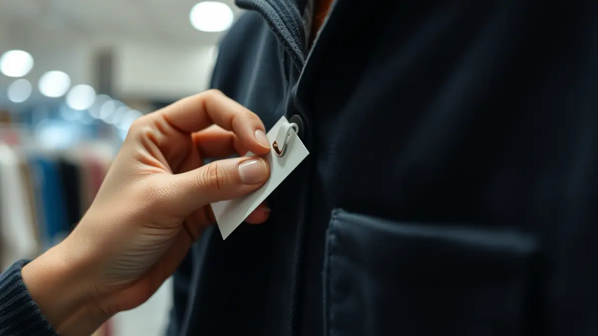 Imagen genérica de una mano retirando una etiqueta de seguridad de una prenda de ropa en una tienda.