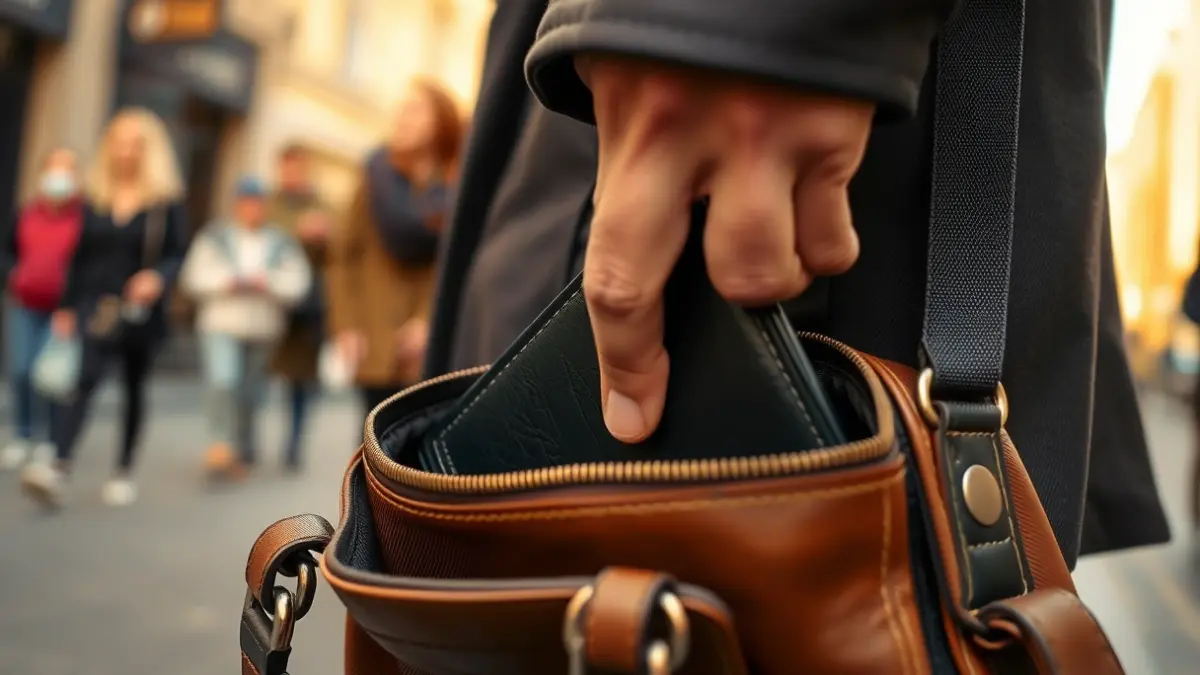 Imatge genèrica d'un furt al descuit, amb una mà furtant una cartera d'una bossa oberta en un carrer transitat.