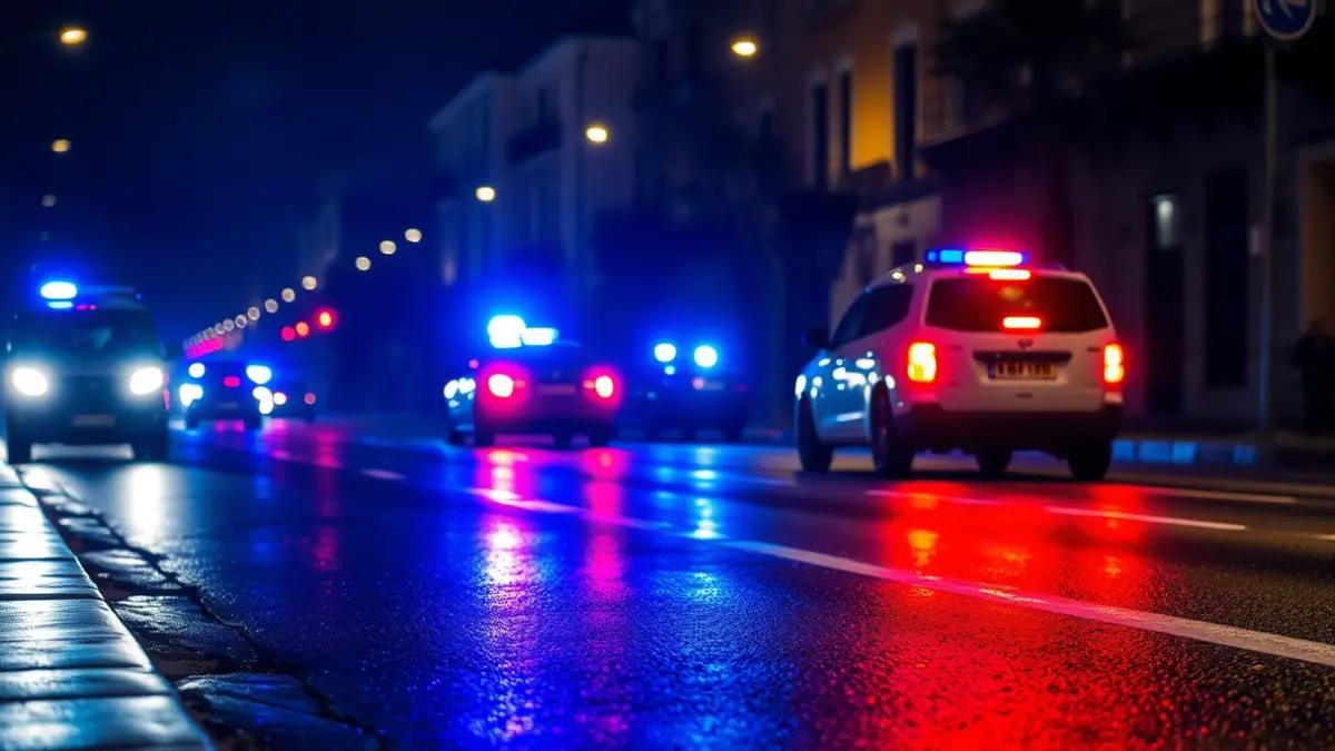 Imagen genérica de luces de emergencia reflejándose en el asfalto mojado de noche.