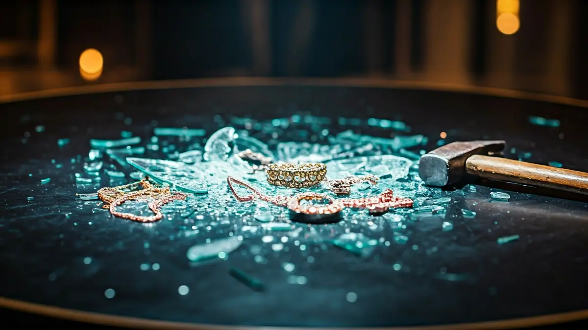 Image of a shattered jewelry display case with a hammer and scattered jewels.