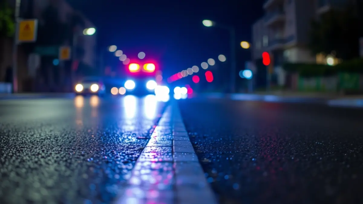 Generic image of blue and red emergency lights reflecting on wet asphalt at night, in a Mediterranean urban setting.