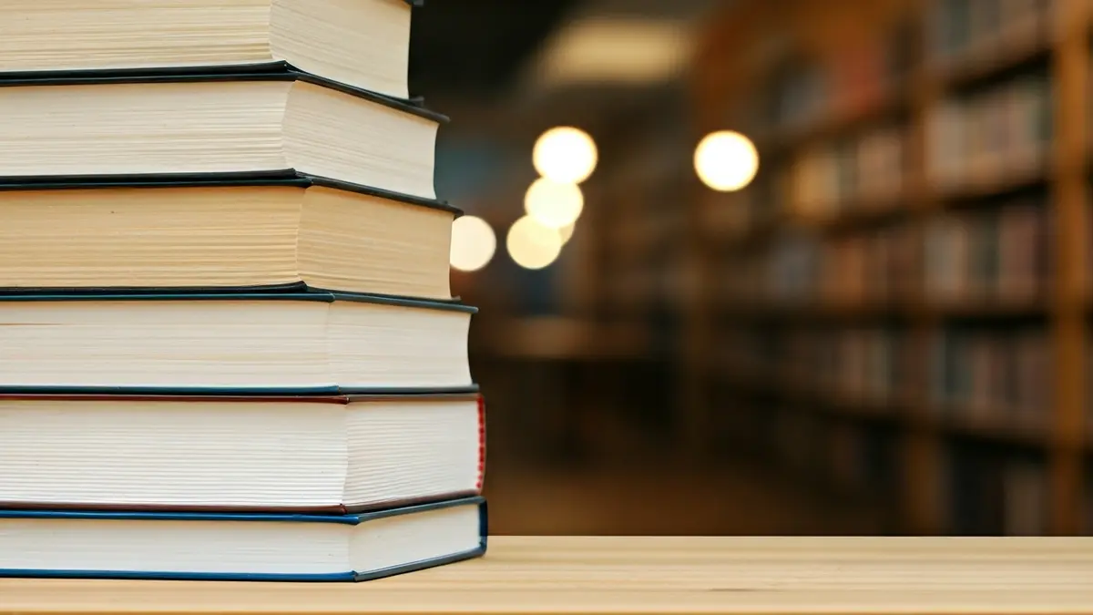 Generic image of books stacked on a wooden table, with a blurred background of a lit library.