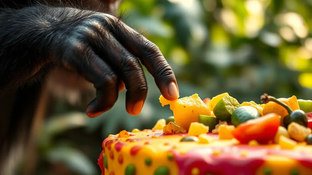 Imagen de un chimpancé comiendo fruta de un pastel de cumpleaños en BIOPARC Valencia.