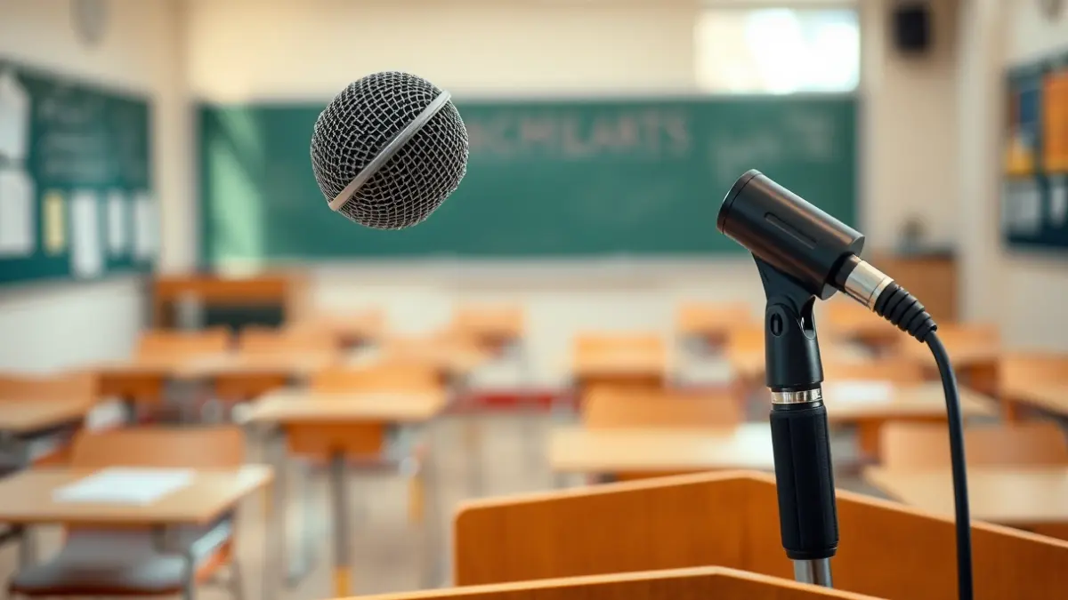 Generic image of a microphone on a podium in an empty classroom, symbolizing a teachers' meeting or conference.
