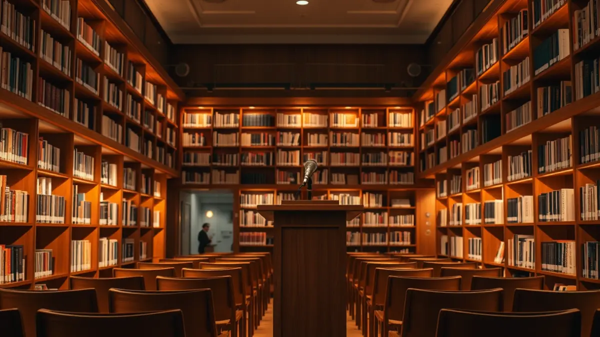 Generic image of a library interior with wooden bookshelves and a microphone on a podium.