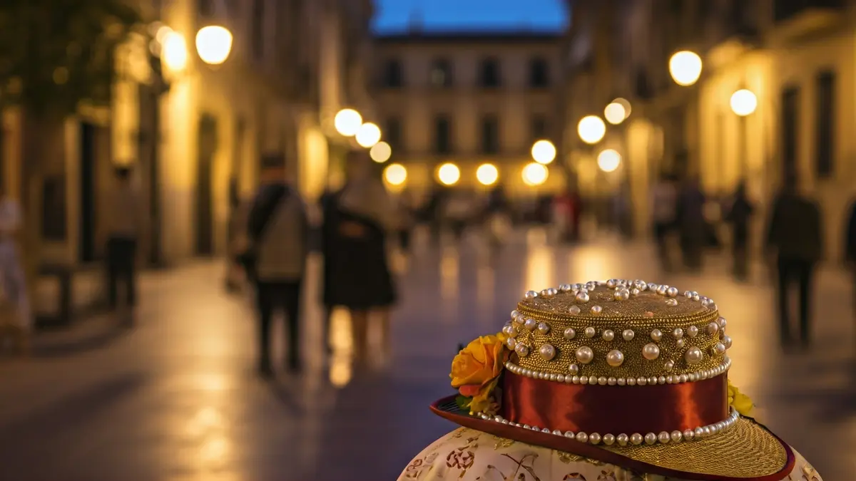 Imagen de un sombrero tradicional adornado con perlas y flores, símbolo de las fiestas de Cullera.
