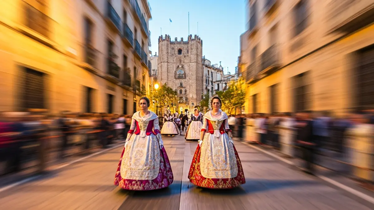 Imatge d'una processó tradicional a un carrer valencià amb figures borroses i edificis històrics.