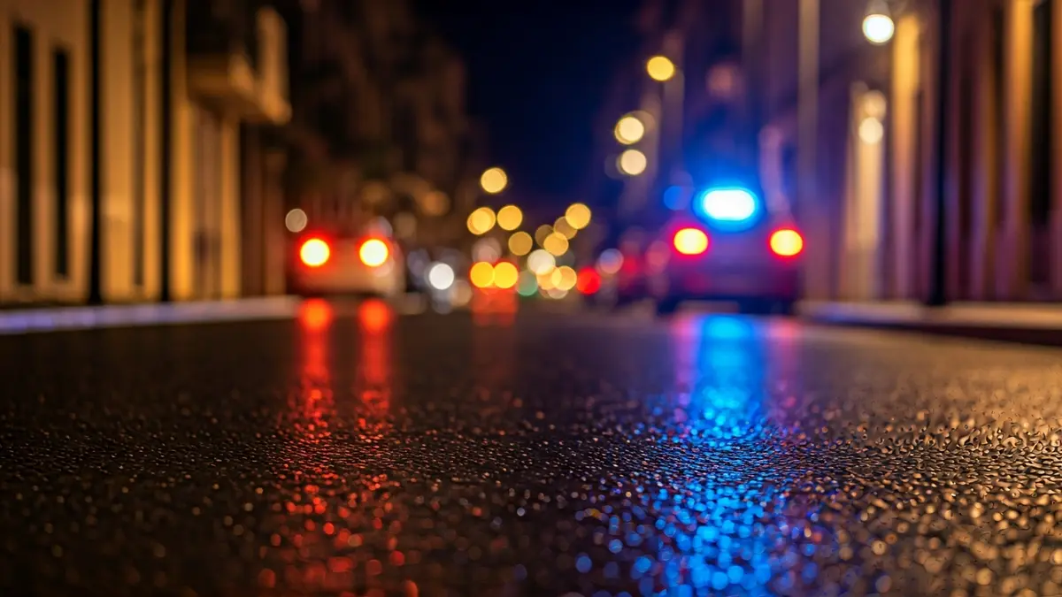 Generic image of emergency lights reflecting on wet asphalt at night.