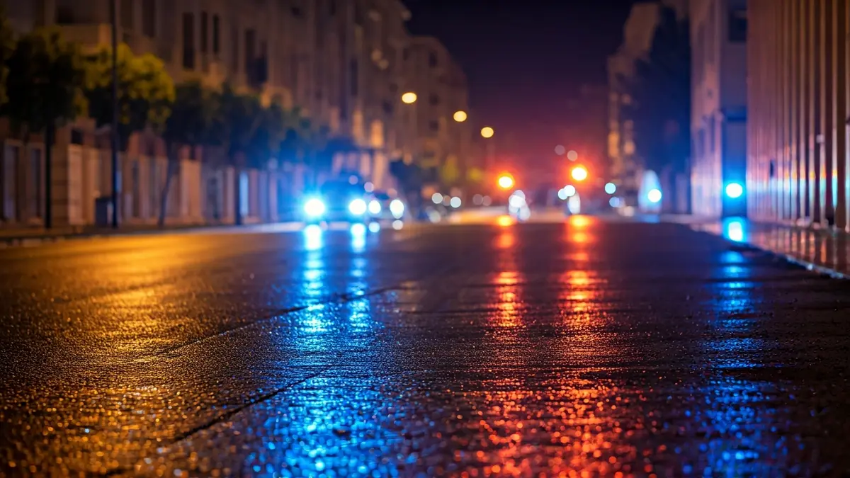 Imatge genèrica de llums d'emergència reflectint-se sobre l'asfalt mullat de nit.
