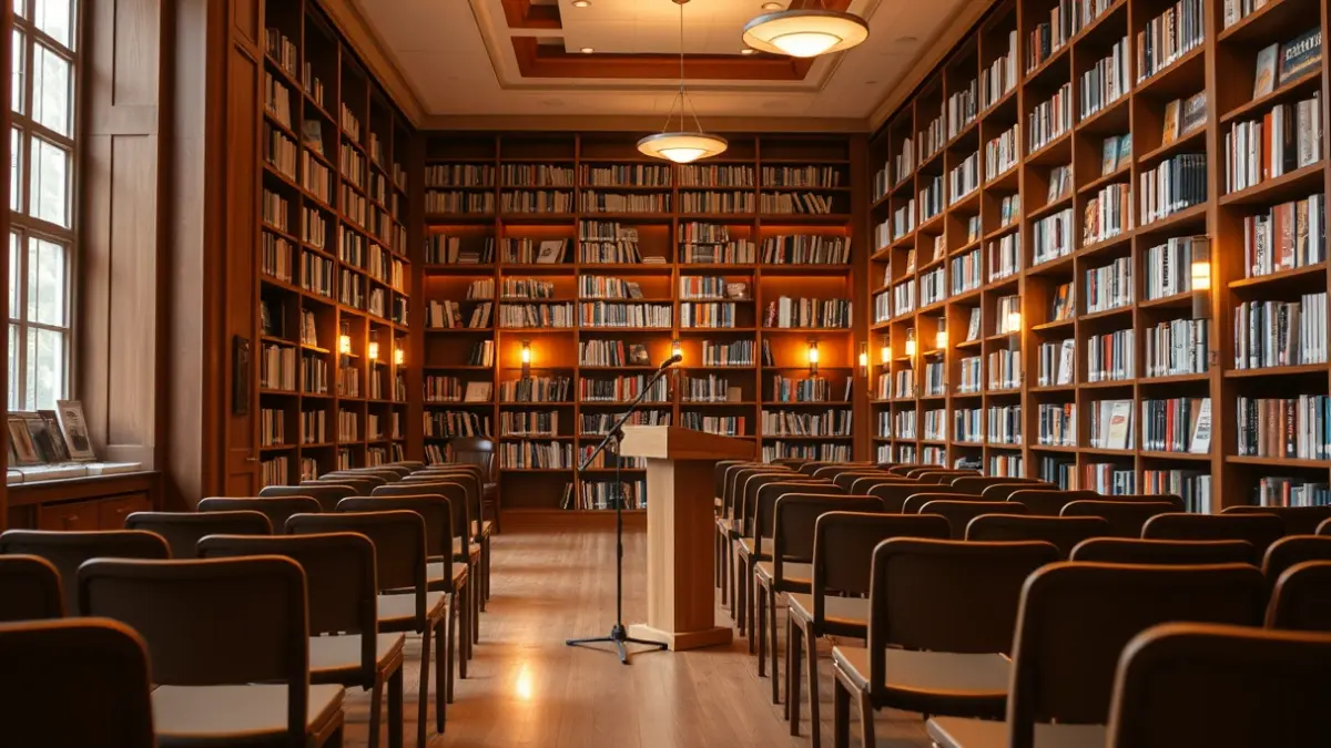 Imagen genérica de una biblioteca con estanterías de madera y un atril, con una atmósfera cálida de lectura.