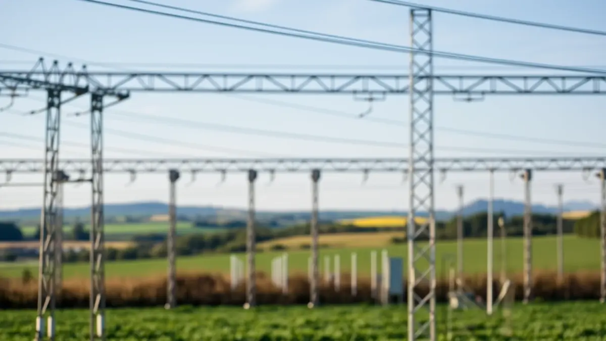 Imagen genérica de una subestación eléctrica en un entorno rural, con equipamiento de alta tensión y campos verdes.