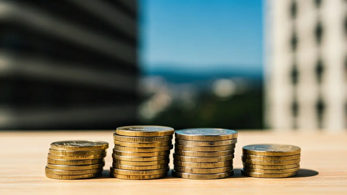 Generic image of euro coins and banknotes on a wooden desk, with blurred office buildings in the background.
