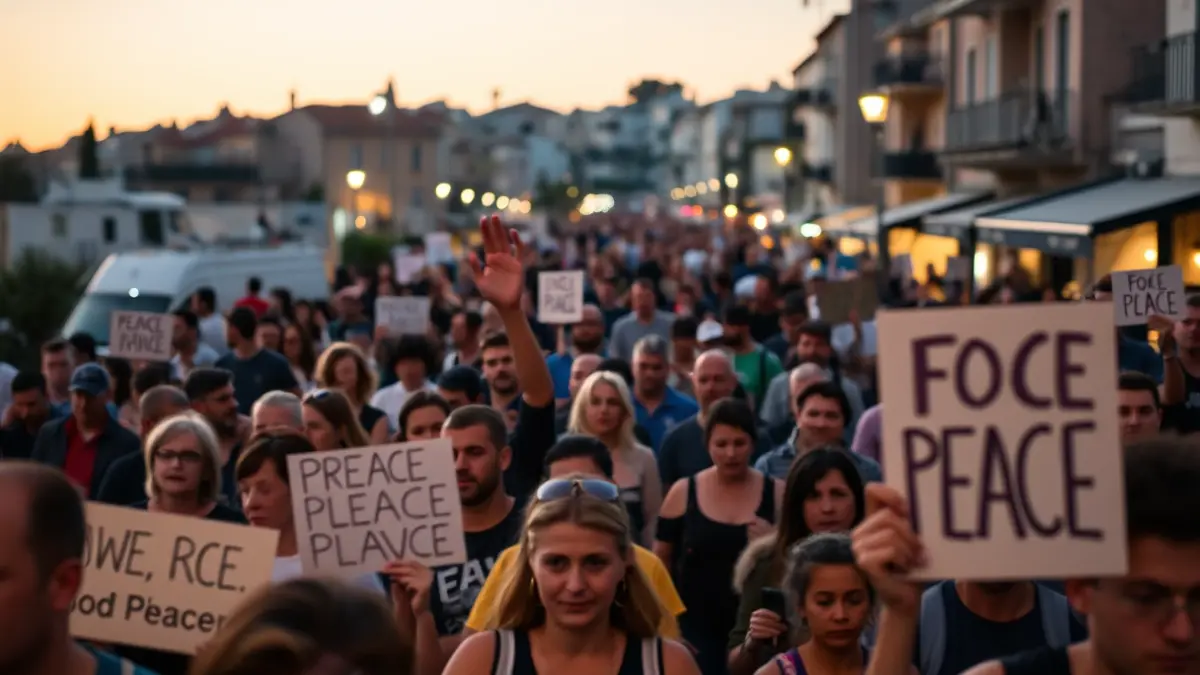 Imatge d'una manifestació per la pau en els carrers de Vinaròs, amb gent portant pancartes.