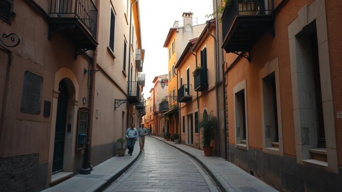 Imatge d'un carrer estret i antic en un barri mediterrani, amb voreres irregulars i edificis vells, il·luminat per la llum càlida de la vesprada.