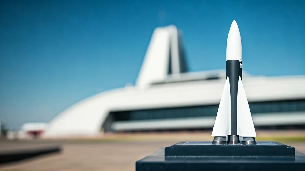 Imatge d'un coet modern a una plataforma de llançament, amb un port espacial futurista de fons.