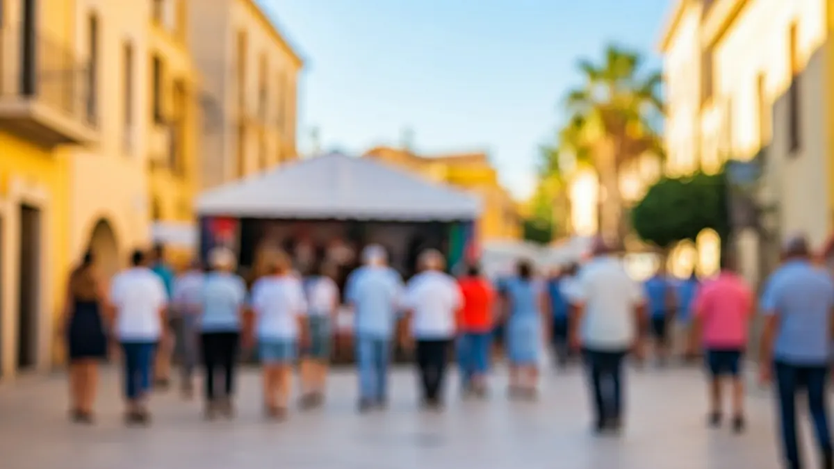 Imatge d'una escena de carrer vibrant en un poble mediterrani, amb figures borroses de persones caminant per una ruta, pancartes i decoracions colorides, i un xicotet escenari temporal muntat en una plaça pública, sota la càlida llum del sol de la vesprada.