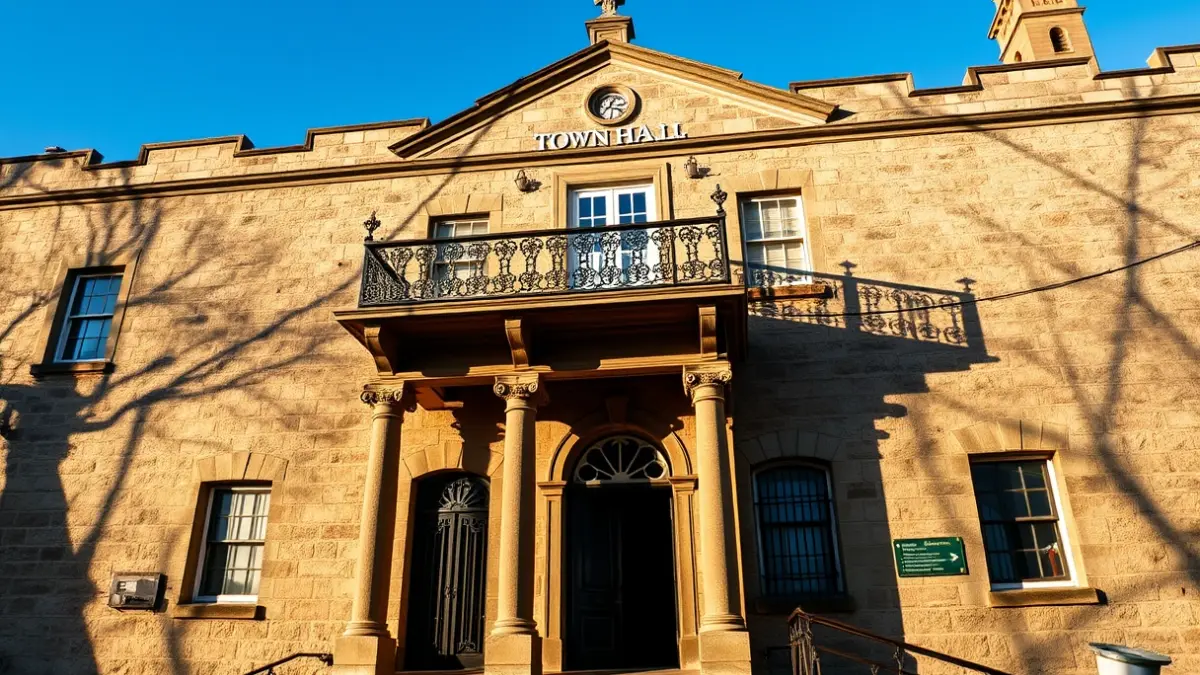 Stone town hall facade with ornate balcony, bathed in afternoon sunlight.