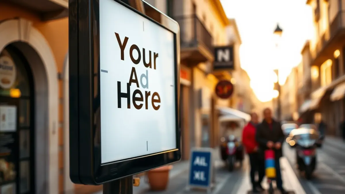 Generic image of a blank street advertising display (mupi) in a Mediterranean city.