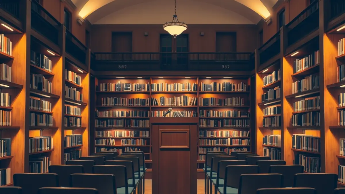 Imagen genérica de una biblioteca universitaria con un podio y sillas, iluminada con luz cálida.