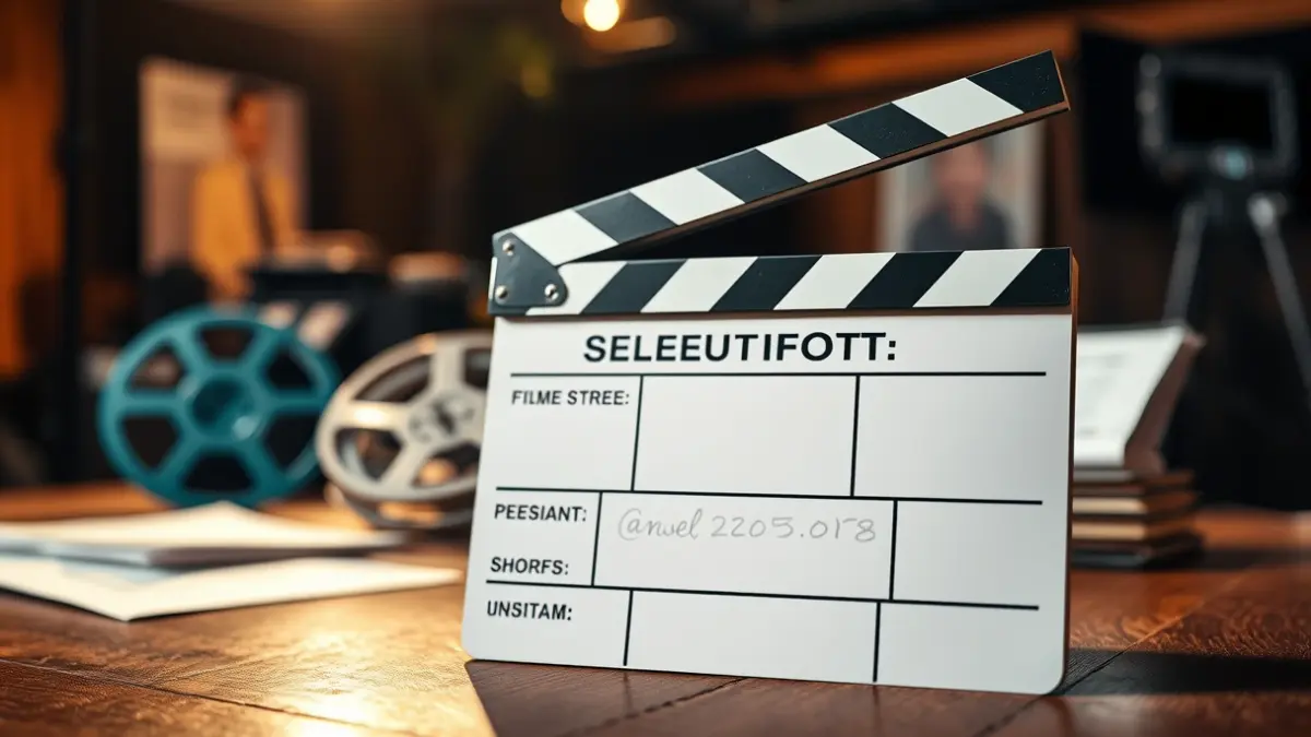 Imatge genèrica d'un claqueta de cine sobre una taula de fusta, amb bobines de pel·lícula i guions desenfocats al fons, representant la selecció de projectes cinematogràfics.