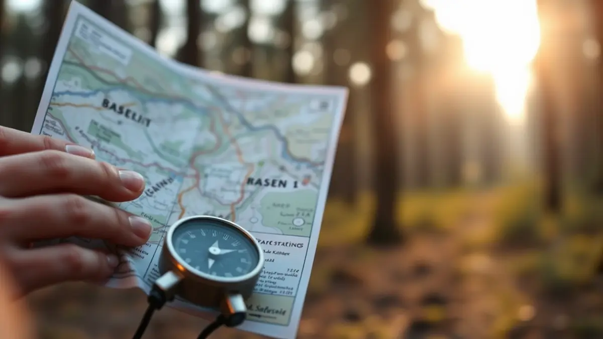 Generic image of an orienteering map and compass in a forest.