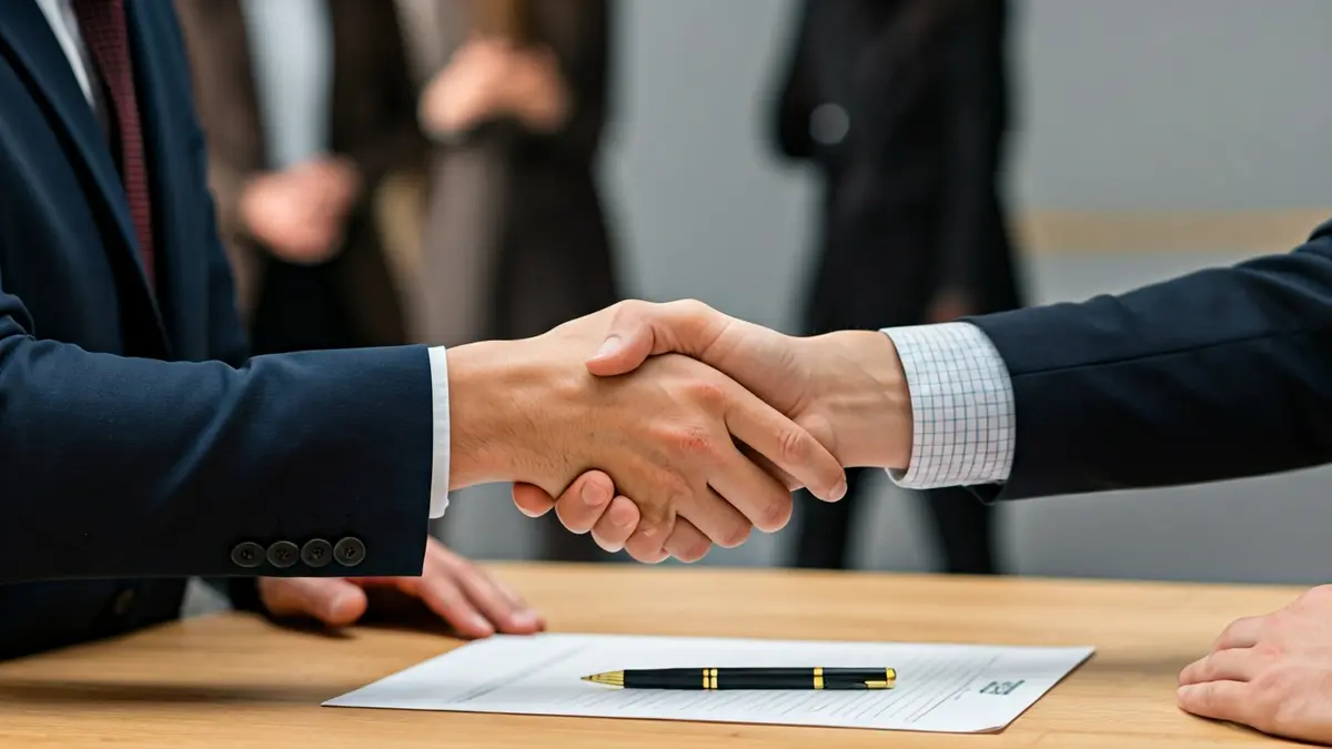 Generic image of two hands shaking over paperwork, symbolizing a job connection.