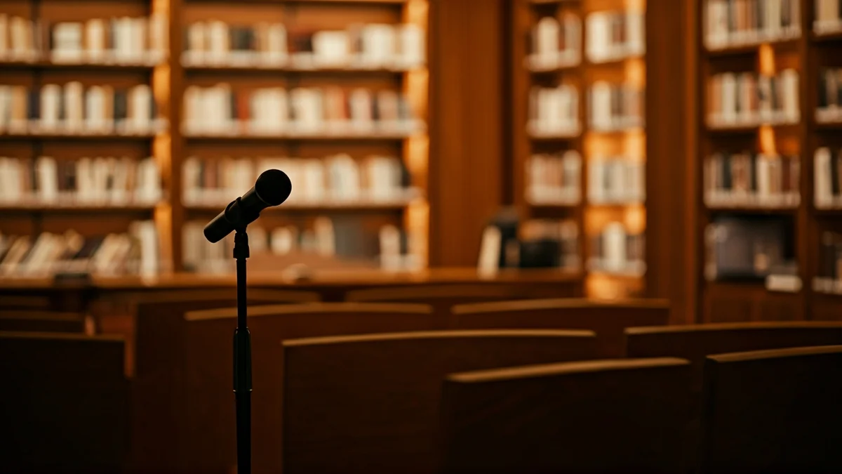 Generic image of an exhibition hall or library with warm lighting.