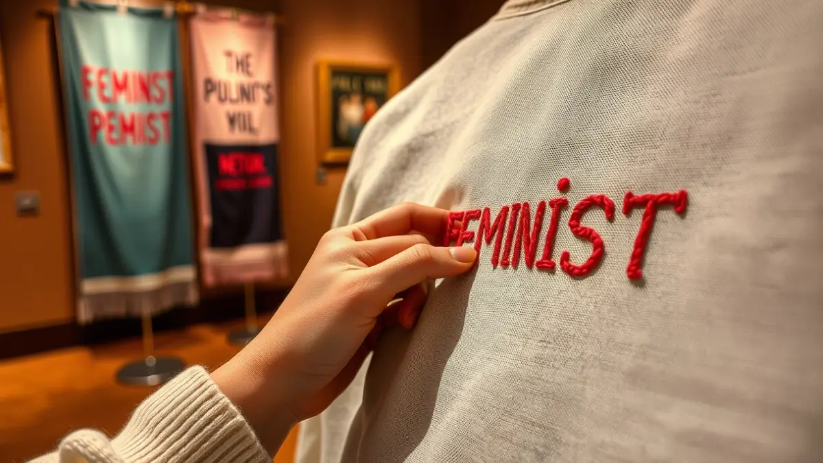 Image of a hand embroidering a feminist slogan onto fabric, with other blurred embroidered banners in the background.