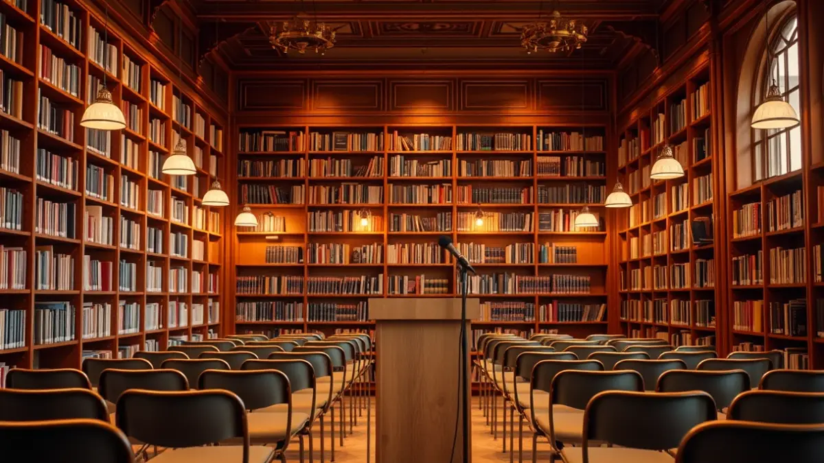 Generic image of a library with wooden bookshelves and a podium with a microphone, with warm lighting.