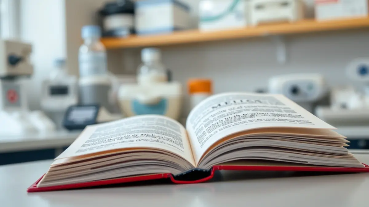 Imatge genèrica d'un llibre de text mèdic obert en un escritori, amb equipament de laboratori desenfocat al fons.