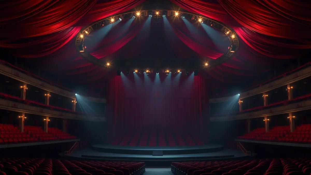 Imatge genèrica de l'interior d'una carpa de circ buida amb seients rojos i il·luminació escènica.