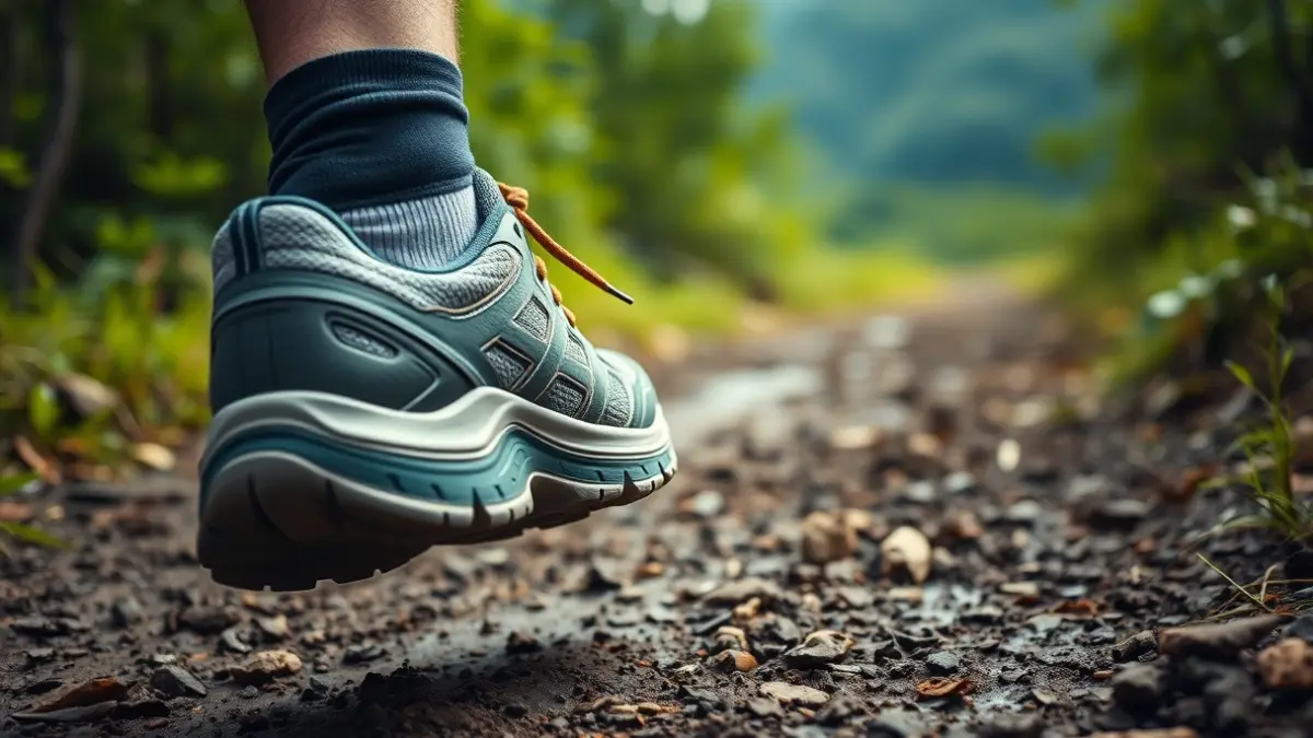 Imagen genérica de una zapatilla de trail running en un sendero de montaña, con vegetación borrosa al fondo.