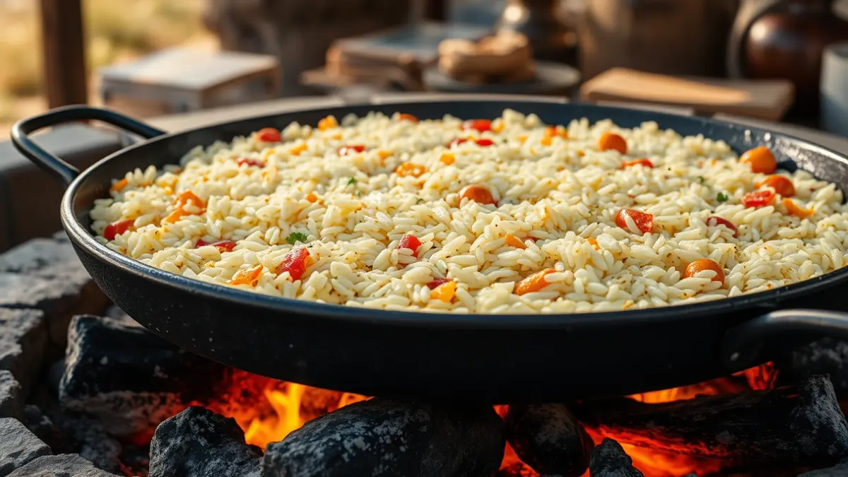 Imatge genèrica d'una paella valenciana cuinant-se a l'aire lliure.