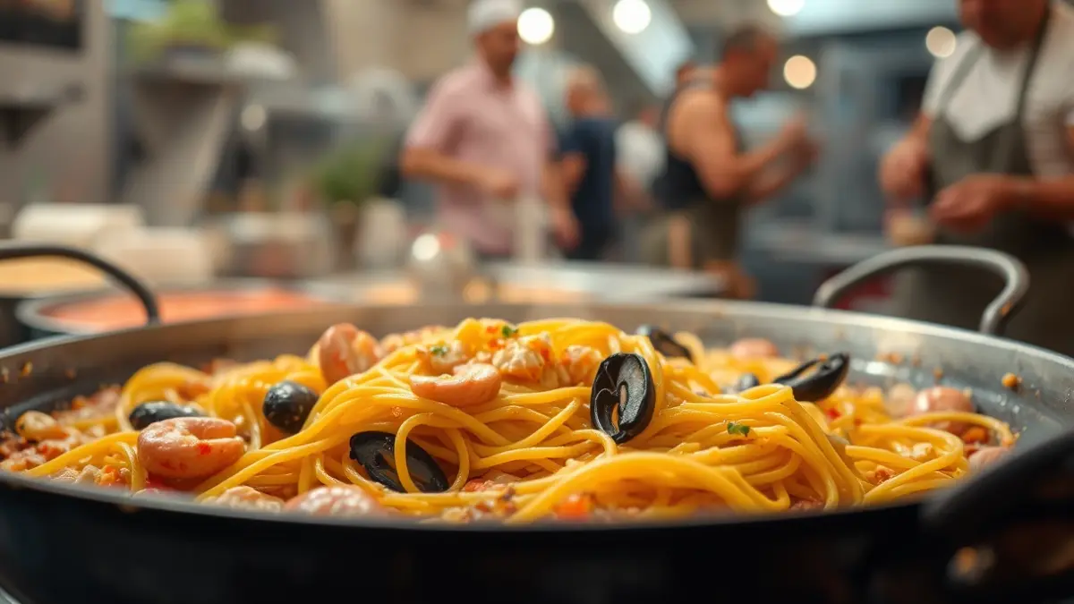 Imatge d'una fideuà tradicional valenciana amb marisc en una paella gran.