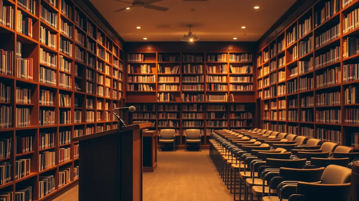 Imagen genérica de una sala de conferencias o biblioteca con un micrófono en un atril vacío, con sillas y estanterías al fondo.