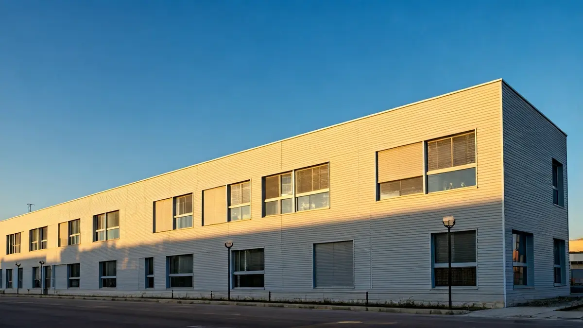 Generic image of a modern high school with large windows under the afternoon sun.