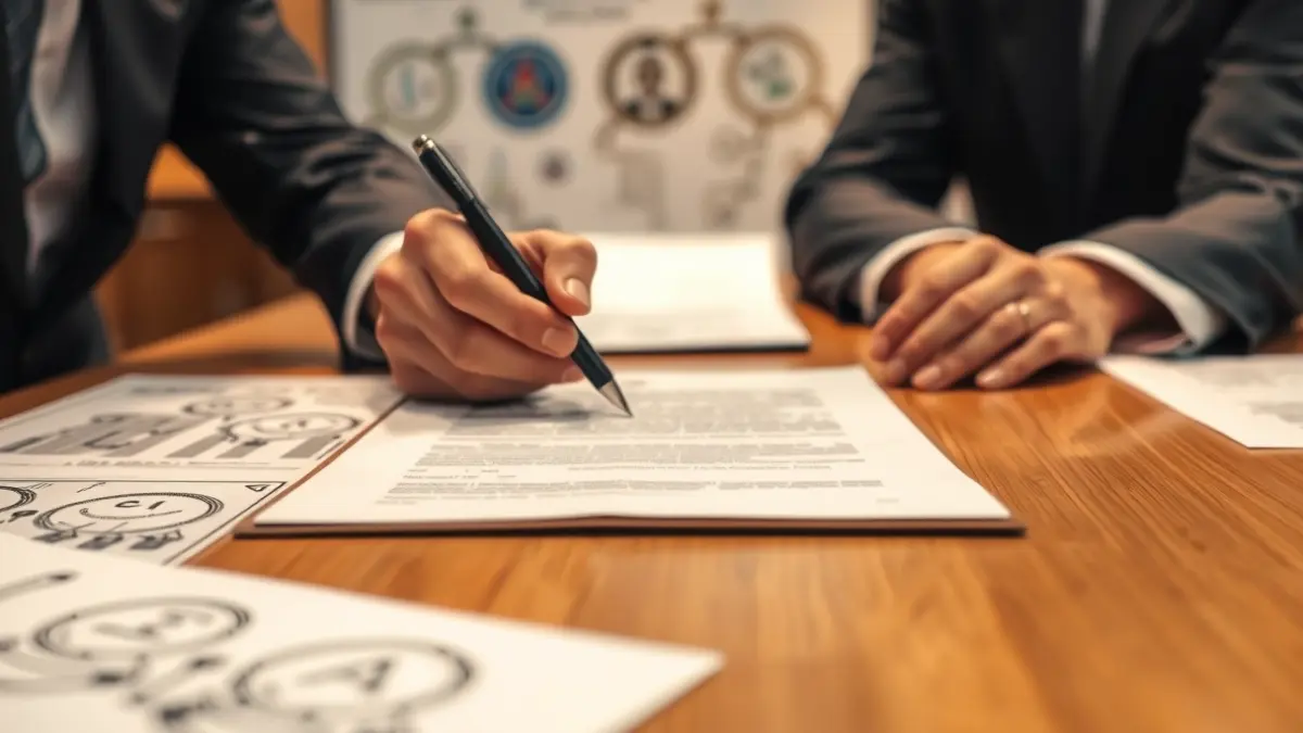 Generic image of hands signing an official document, with blurred background of water infrastructure.