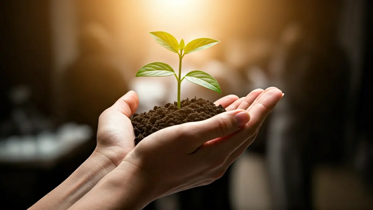 Generic image of hands holding a small plant, symbolizing care and attention.
