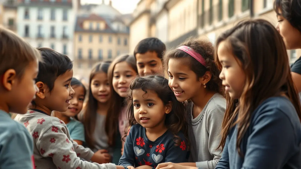 Imagen genérica de un grupo de niños y adultos en un intercambio cultural, con arquitectura europea de fondo.