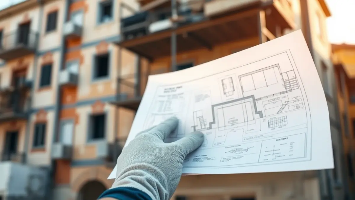 Imatge genèrica de mans d'un treballador de la construcció revisant plànols en una obra.