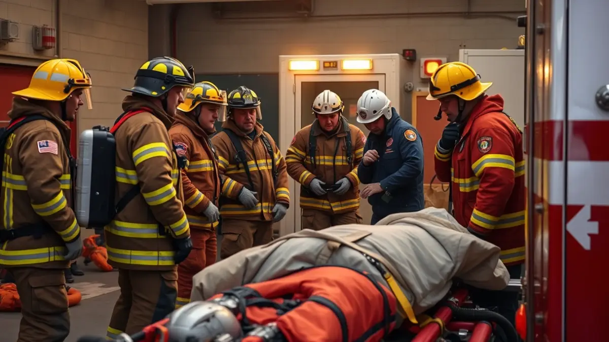 Imagen genérica de bomberos y personal sanitario colaborando en un simulacro de emergencia.