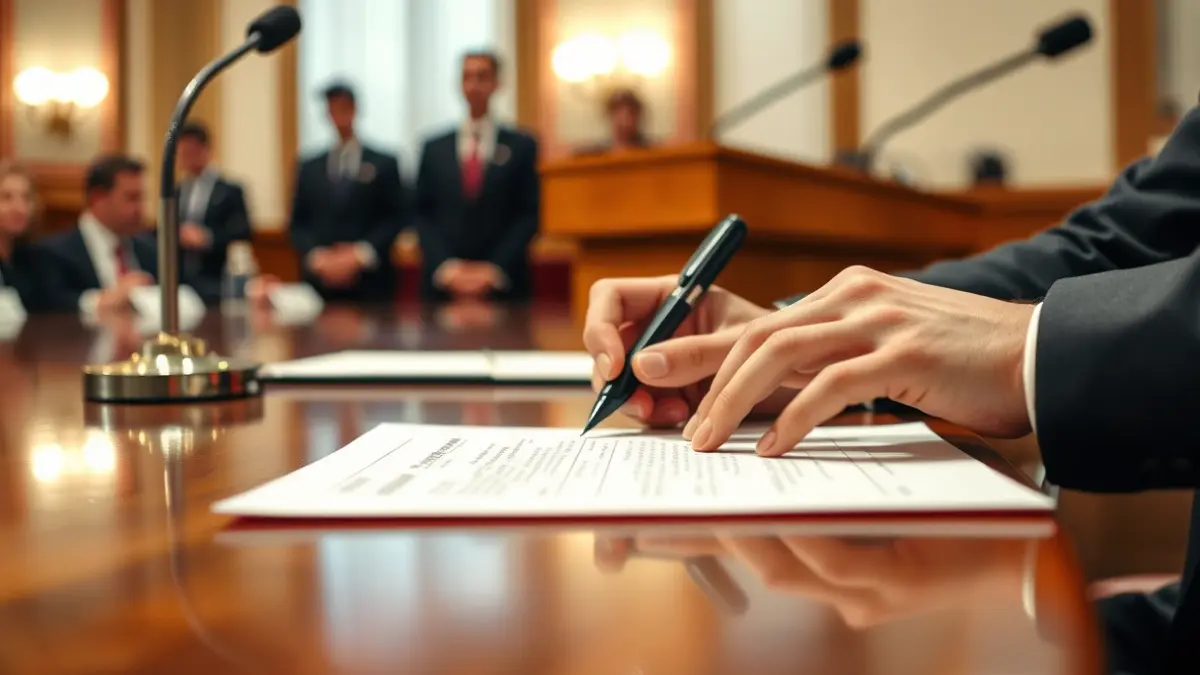 Imatge genèrica de mans signant un document en una reunió formal.