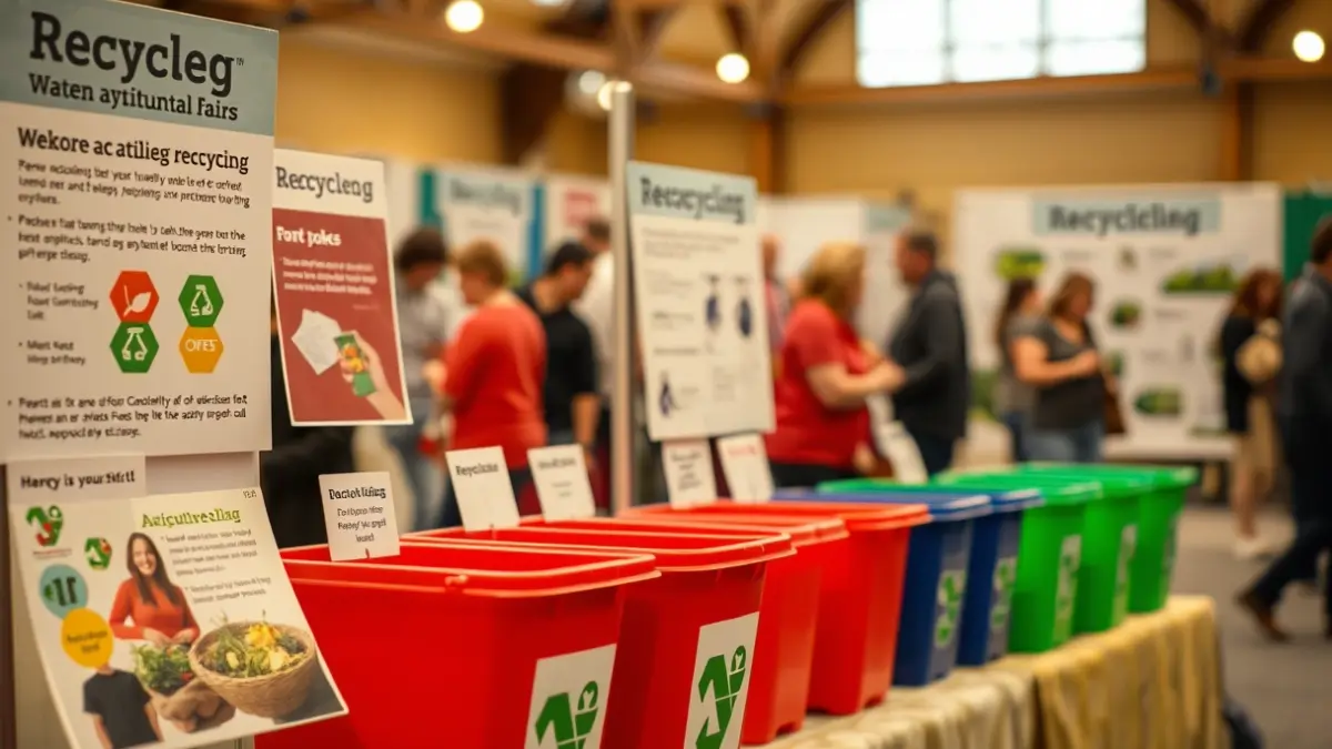 Imatge d'un estand d'educació ambiental en una fira agrícola, amb contenidors de colors i materials informatius.