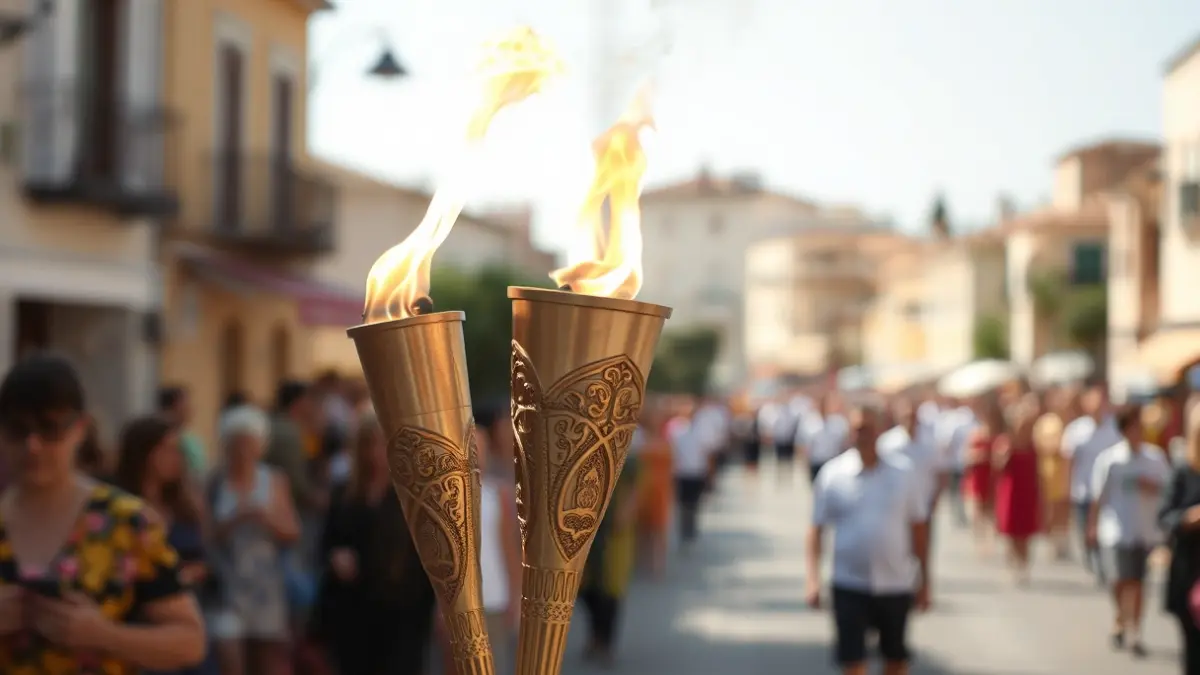 Image of a torch with a flame, symbol of the Correllengua Agermanat, in a Mediterranean town street.