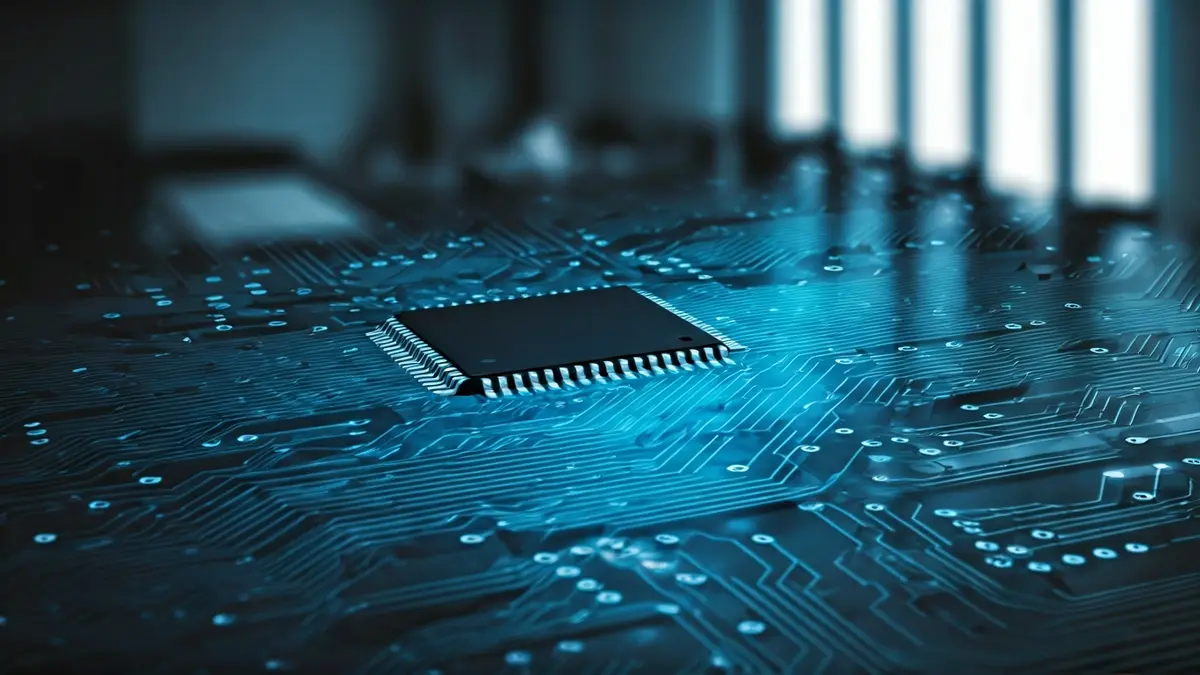 Imagen genérica de una placa de circuito con líneas azules brillantes, simbolizando la ciberseguridad y la innovación.