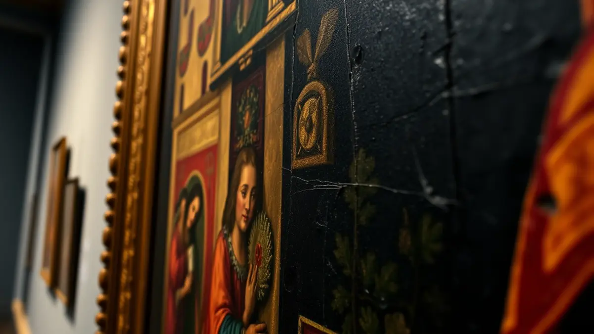Image of a historic painting with intricate details in a museum, evoking historical significance and artistic value.