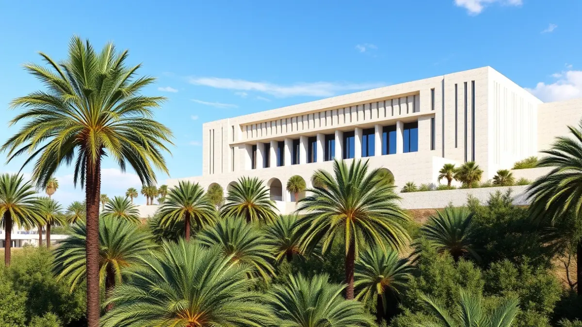 Imatge del disseny guanyador 'Trencadís' per al futur Palau de Congressos d'Elx, amb vistes al Palmerar.